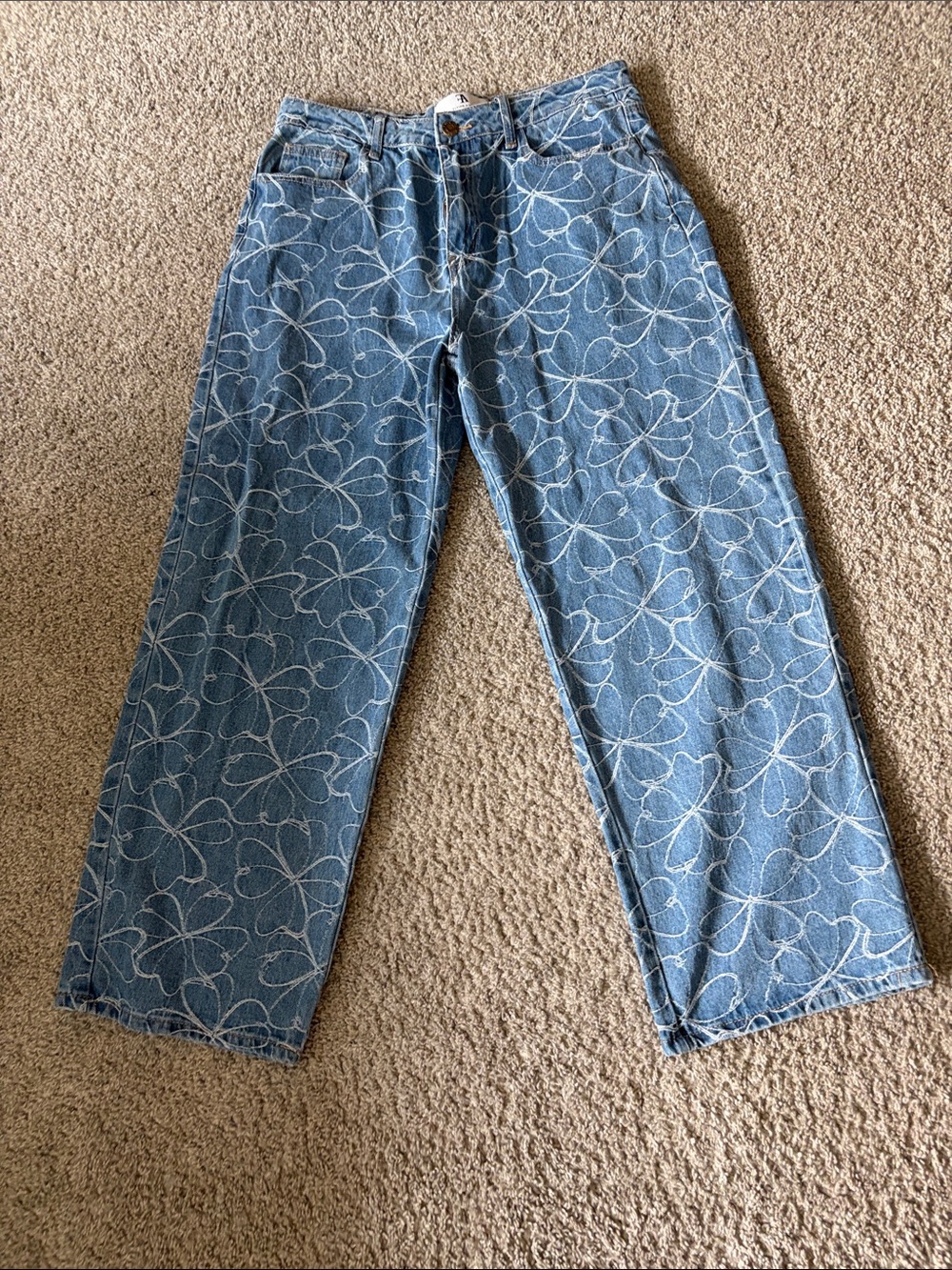 Straight Leg Blue Floral-Print Jeans